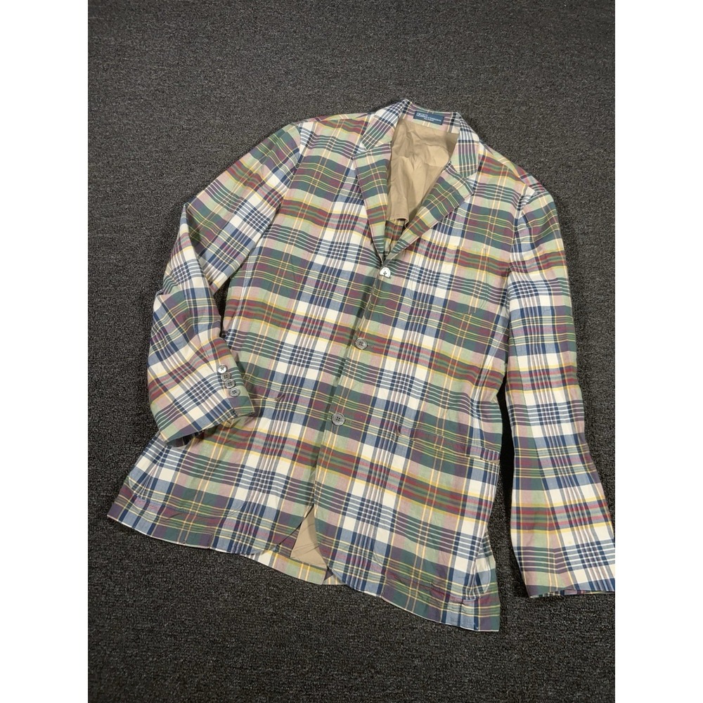 VTG Polo Ralph Lauren Madras Plaid Blazer Jacket Men 42L Hand Woven Unstructured